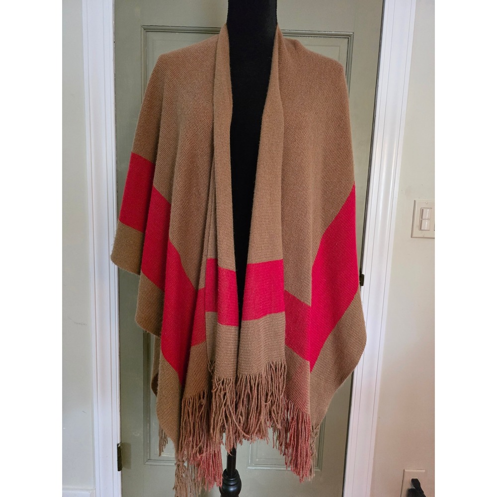 Womens Camel Tan and Red Striped Knit Wrap Shawl with Fringe Hem Open Front